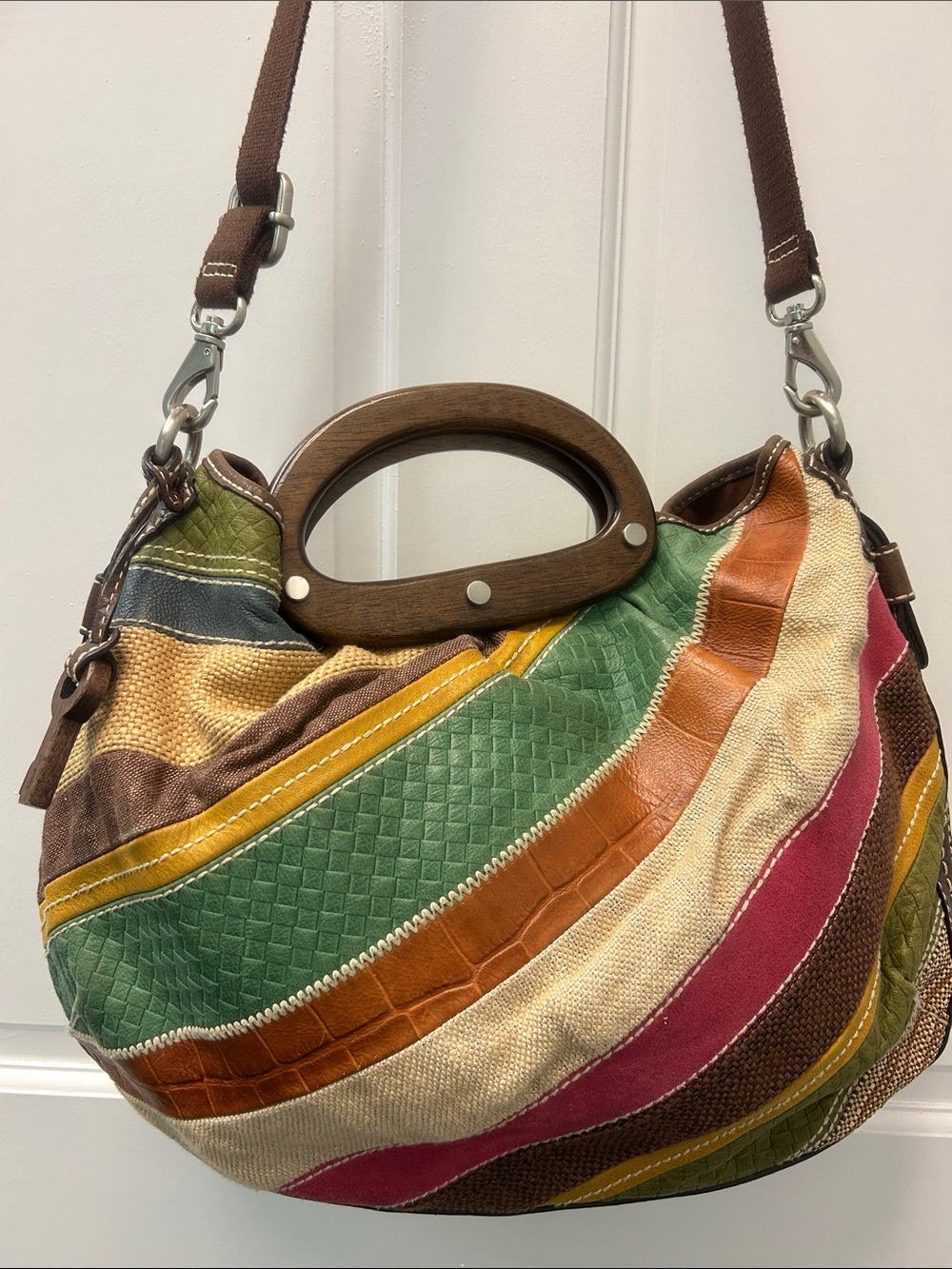 Fossil Leather and Canvas Striped Colorful Crossbody Hobo Bag with Wooden Handle